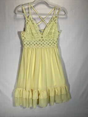 Feminine Lace Trimmed Flowy Tiered Whimsical Fairy Dress, Yellow, Sz Large